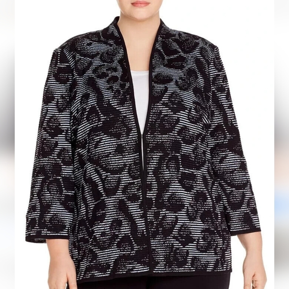 Misook Animal-Print Ottoman Jacket Women's Arctic Black Open Front Large